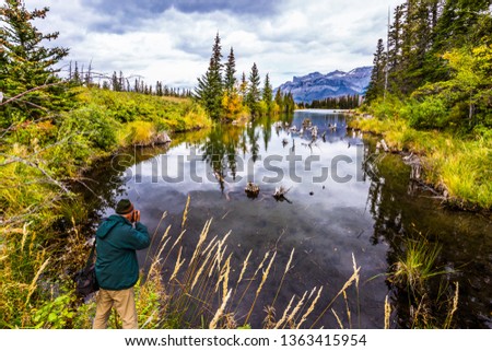 The valley along the Pocahontas road. The lakes, firs and mountains of Canada. Man with a photo bag is photographing a beautiful landscape. Concept of active and photo-tourism