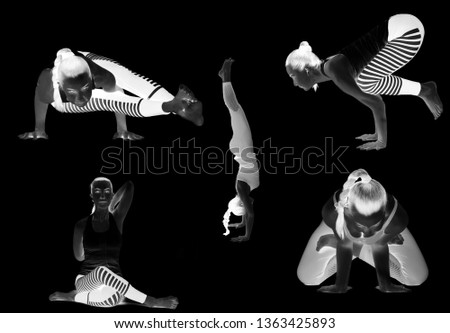 Yoga, different poses on a white background, isolate. practice Yoga instructor, teaching a lesson. Beautiful girl