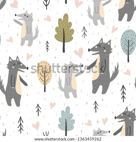 Cute mother wolf with her baby pup seamless pattern. Forest vector illustration