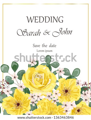 Wedding invitation with Rose flower, watercolor, isolated on white.  