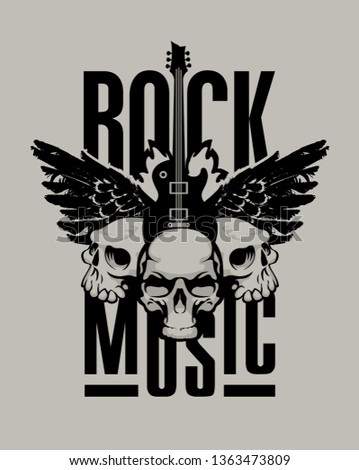 Vector poster with words Rock music, with electric guitar, wings and three human skulls. Can be used for flyers, banners, t-shirt design, tattoo, icon, logo