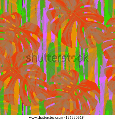 Multicolor Grunge Pattern with Brush Strokes, Palm Leaves and Big Flowers. Trendy Seamless Texture for, Wallpaper, Dress, Cloth. Tropical Grunge Pattern in Trendy Colors.