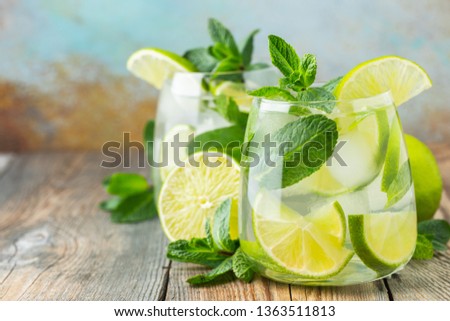 Two Mojito cocktail with ice cubes in a glass. With copy space. Royalty-Free Stock Photo #1363511813