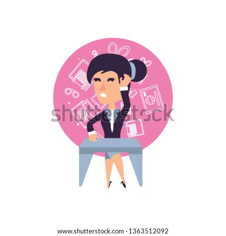business woman with desk and set icons office