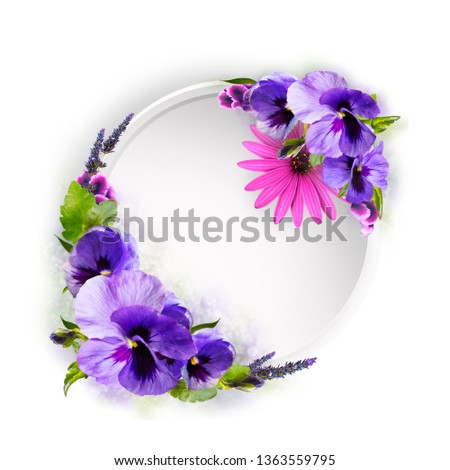  Bouquet of flowers isolated on lilac background.Ornament with flowers and eggs for a bright Easter holiday. Postcard, vignette.