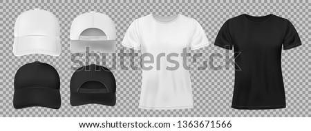 Set of sports wear template. Black and white baseball cap and t-shirt mockup, front and back view. vector illustration Royalty-Free Stock Photo #1363671566