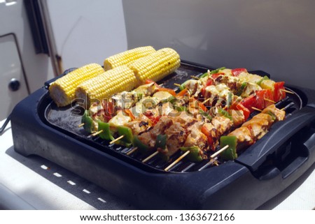 Picture of an electric barbecue topped with meat on skewers and vegetables that will be served as soon as cooked. Typical summer background.