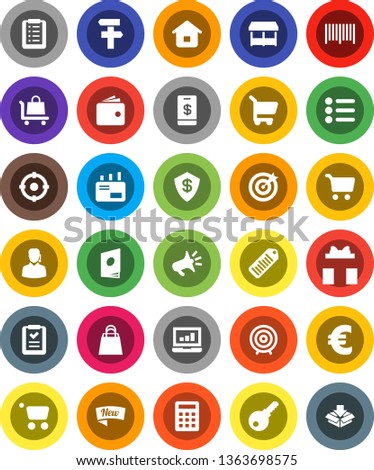 White Solid Icon Set- cart vector, laptop graph, wallet, target, euro sign, barcode, gift, new, shopping bag, market, support, home, list, calculator, trolley, mail, catalog, loudspeaker, tap pay