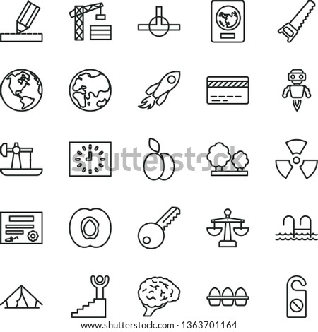 thin line vector icon set - bank card vector, scales, tower crane, hand saw, key, drawing, bundle of eggs, apple, half apricot, oil derrick, planet, trees, space rocket, black clock, connect, brain