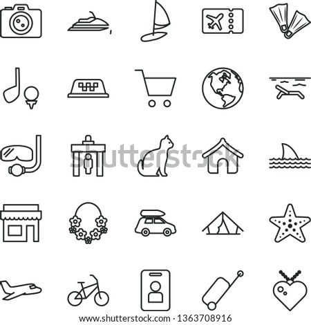 thin line vector icon set - earth vector, plane, car baggage, taxi, bike, security gate, ticket, rolling case, boungalow, tent, beach, hawaii wreath, starfish, flippers, diving mask, camera, pets