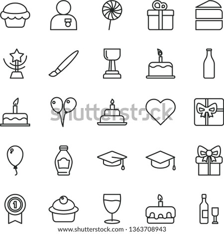 thin line vector icon set - tassel vector, colored air balloons, balloon, cake, birthday, heart, gift, square academic hat, muffin, piece of, torte, lollipop, glass, bottle, giftbox, gold cup, star