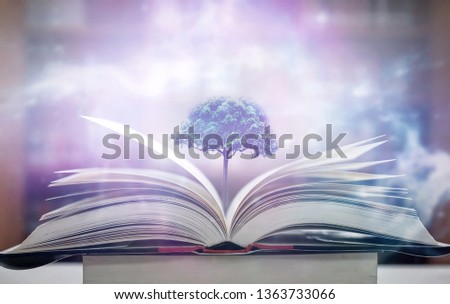 
Imagine the picture of an ancient book open on a wooden table. And there is a tree of knowledge on the book like magic magic with beautiful overlays For making a background image