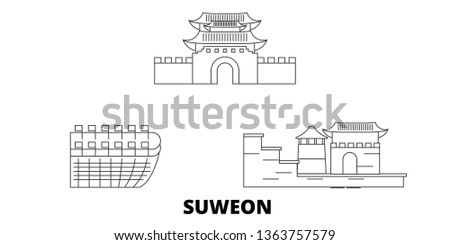 South Korea, Suweon line travel skyline set. South Korea, Suweon outline city vector illustration, symbol, travel sights, landmarks. Royalty-Free Stock Photo #1363757579
