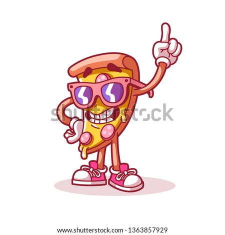 Pizza points finger up. Logo comic style with contour. Decoration for greeting cards, posters, prints for clothes, emblems. Modern flat style thin line vector illustration isolated on white background