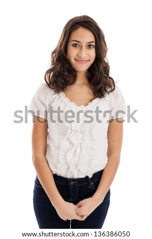 Portrait of a beautiful mixed race tween girl isolated on a white background