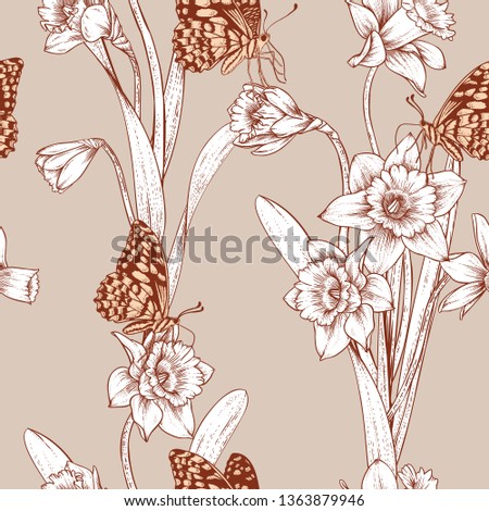 Seamless Floral Pattern vectors.Hand drawn endless  illustration. elegant texture for backgrounds. Vintage daffodil, daffadowndilly, narcissus flower wallpaper for website, fabric or textile