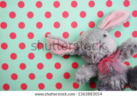 Cute rabbit doll Top view on pink and green polka dot background