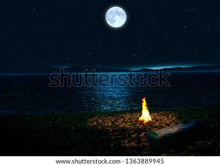Its a photo manipulation of a bonfire night on a beach over looking a full moon and beautiful surrounding.