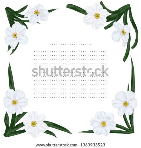 Design postcard with a botanical ornament of white daffodils and green leaves. Place for text.