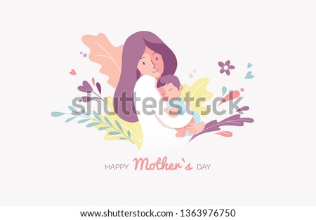 Vector Illustration Of Mother Holding Baby Son In Arms. Happy Mother`s Day Greeting Card. Royalty-Free Stock Photo #1363976750