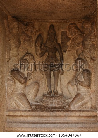 "Goddess Durga relief inside Draupadi Ratha - The smallest and simplest chariot temple among the Pancha Rathas of Mahabalipuram, Tamilnadu, South India"