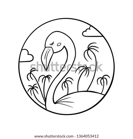 Black and white linear vector illustration of tropical flamingo bird with palm trees and clouds for print, colouring, stamp design.