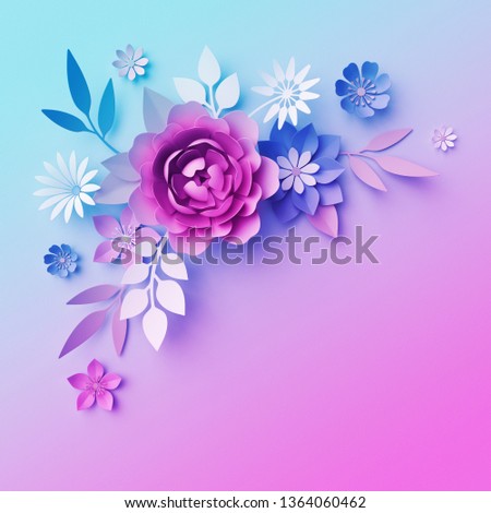 3d render, digital illustration, decorative paper flowers isolated on blue, pastel color botanical wallpaper, corner design element, clip art, greeting card, minimal background, space for text