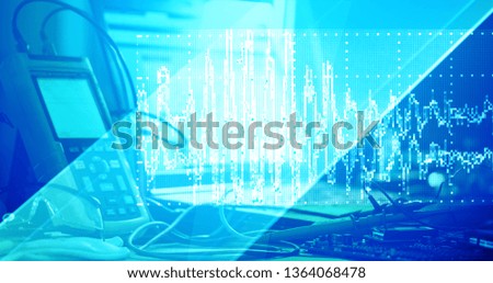 Blue industrial and technology 3D primitive diagonal abstract background, with modern oscilloscope and electronic lab experimental, engineering educational use concept.