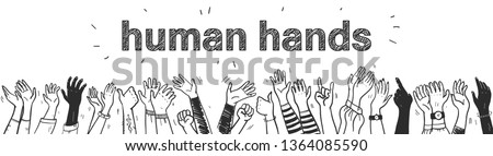 Vector hand drawn sketch style illustration with black colored human hands different skin colors greeting & waving isolated on white background. Crowd, party, sale concept. For advertising, packaging.