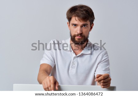 Guy hamburger hands fastfood blue background