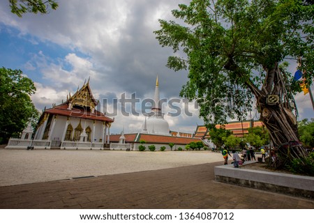 background of Wat Phra Mahathat Woramahawihan, built for people or tourists to come to make merit and take pictures without having to ask for permission while traveling in Nakhon Si Thammarat,Thailand