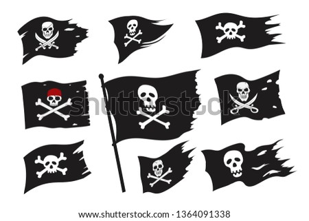 Jolly Roger Pirate Flag Set. Skeleton in Red Bandana, Eyepatch With Crossbones, Skull with Sword. Robber Black Flags Set. Cartoon Vector Illustration Royalty-Free Stock Photo #1364091338