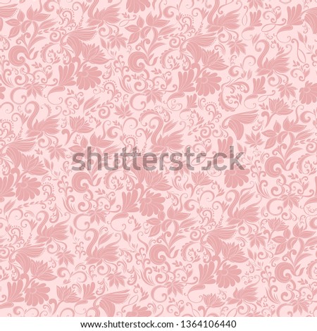 Seamless vector pattern with flowers, leaves and decorative elements on a pink background.