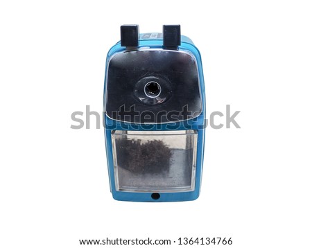 front view of blue pencil sharpener of office stationery isolated on white background