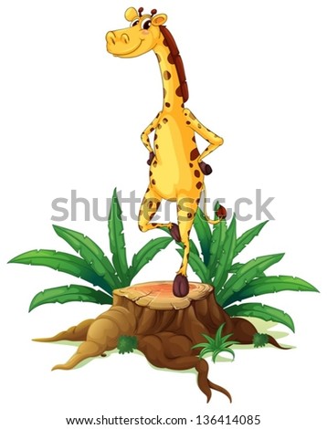 Illsutration of a giraffe standing above a chopped wood on a white background