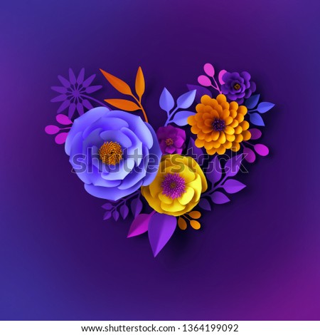 3d vivid neon paper flowers design, floral heart shape, Valentine's day concept, festive clip art, botanical background