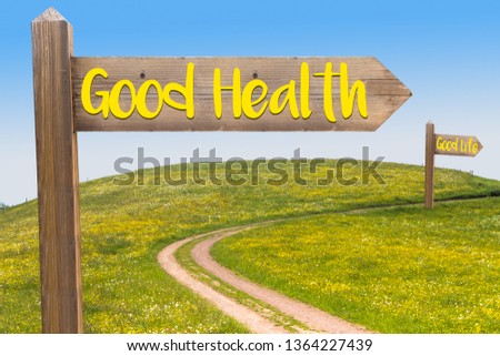 Two Signposts with the Words Good Health and Good Life under Blue Sky and in Front of Summer Meadow