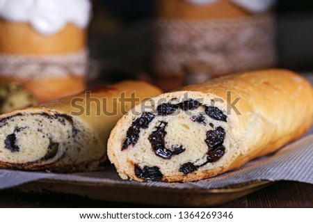 Easter, sweet pastries. Roll with raisins. Roll with poppy seeds.