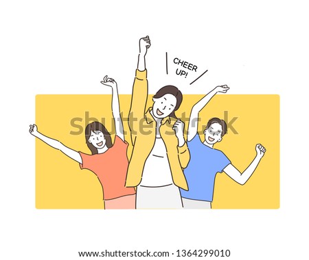 Portrait of cheerful people in basic clothing smiling and clenching fists like winners or happy people isolated over yellow background. Hand drawn style vector design illustrations. Royalty-Free Stock Photo #1364299010