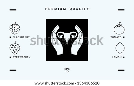 Hands holding Female uterus - protection icon. Graphic elements for your design