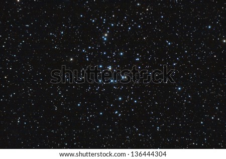 Real astronomic picture taken using telescope, it is an open stars cluster known as praesepe, in cancer constellation Royalty-Free Stock Photo #136444304
