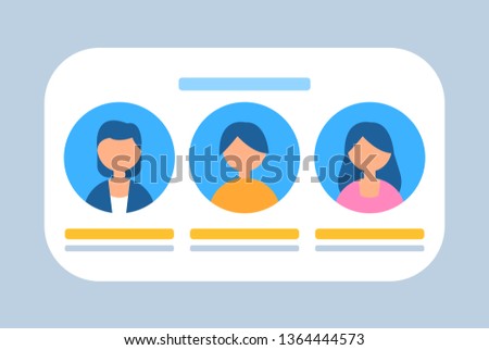 Users profiles in row vector, images of people, man and woman, characters banner isolated clients flat style. Data in box information about human