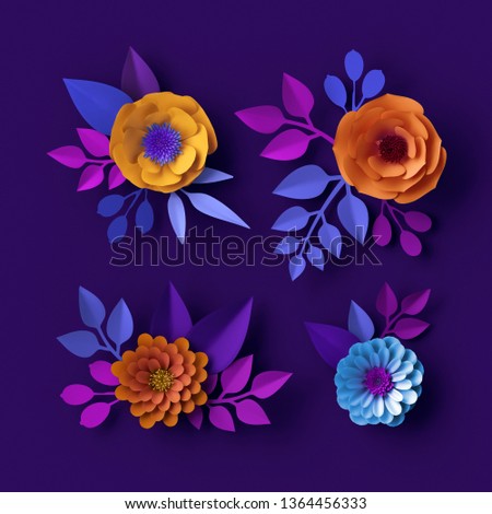 3d colorful neon paper flowers wallpaper, botanical background, spring summer clip art, floral design elements