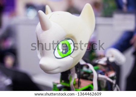 Cute handmade robot unicorn pony prototype at futuristic technology exhibition. Future, entertainment, DIY, engineering, science and robotic concept