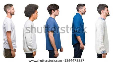 Collage of group of people over white isolated background looking to side, relax profile pose with natural face with confident smile.