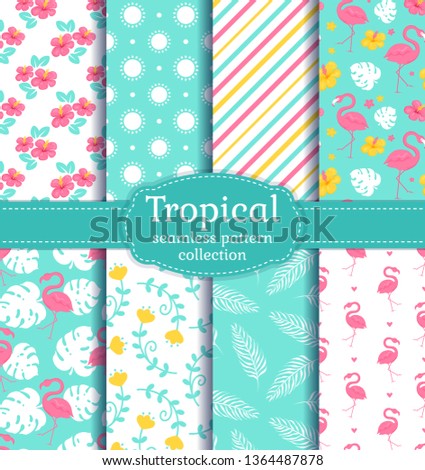 Tropical seamless backgrounds with flamingos, leaves, flowers and abstract patterns. Vector set.