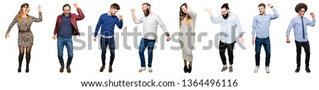Collage of people over white isolated background Dancing happy and cheerful, smiling moving casual and confident listening to music
