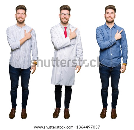Collage of handsome young professional man over white isolated background cheerful with a smile of face pointing with hand and finger up to the side with happy and natural expression on face