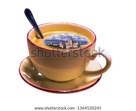 Collage picture of morning cap of espresso coffee with spoon and main building of famous Russian university in Moscow isolated on white background 