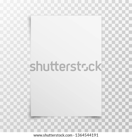 White realistic blank paper page with shadow isolated on transparent background. A4 size sheet paper. Mock up template for your design. Vector illustration Royalty-Free Stock Photo #1364544191